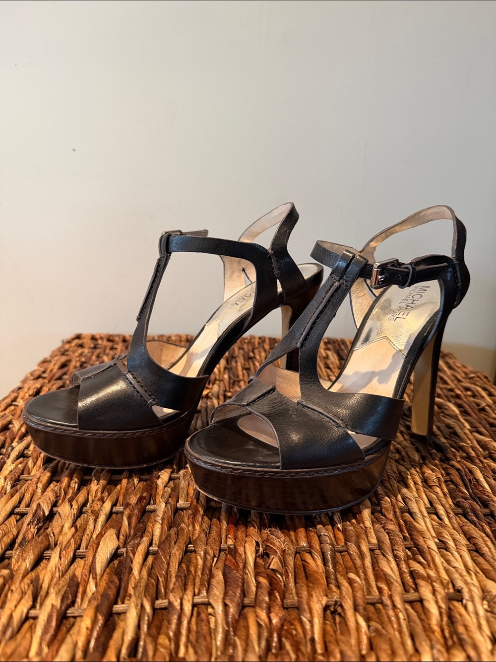 Michael Kors Black Leather T-Strap Platform Heels